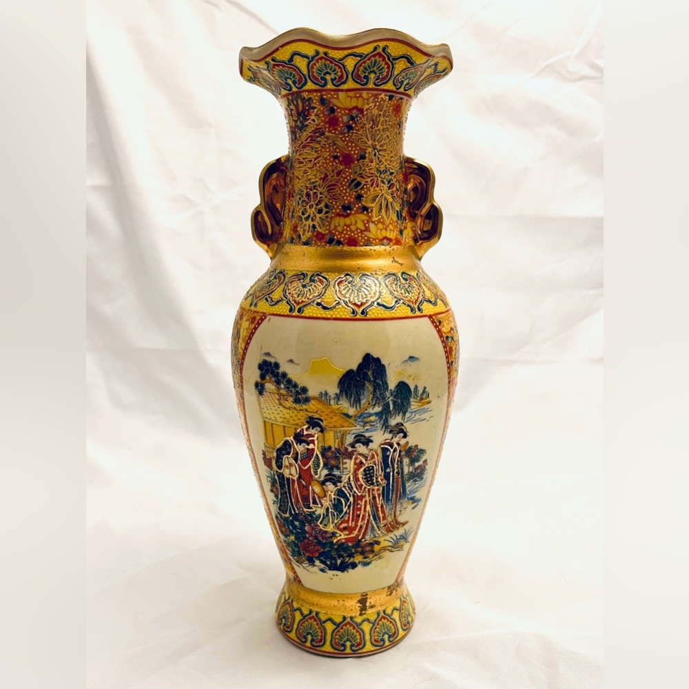 Japanese Satsuma-Style Porcelain Vase, Peacock with Moriage, Vintage EUC